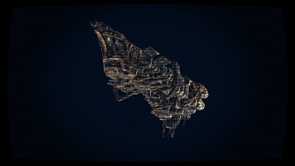 A metal spaceship against a deep teal-black field, seen through a slightly bulged pane of glass: faint horizontal scan lines cross the frame, the corners are curved and dark, and the whole picture is graded cool in the shadows and warm on the ship's highlights.