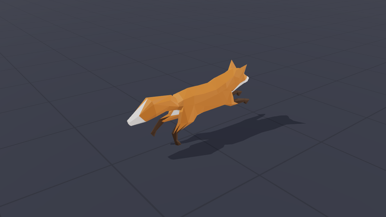 A low-polygon orange fox at full stretch mid-run, fore legs forward and hind legs back, on a dark grid floor with its shadow beneath it.